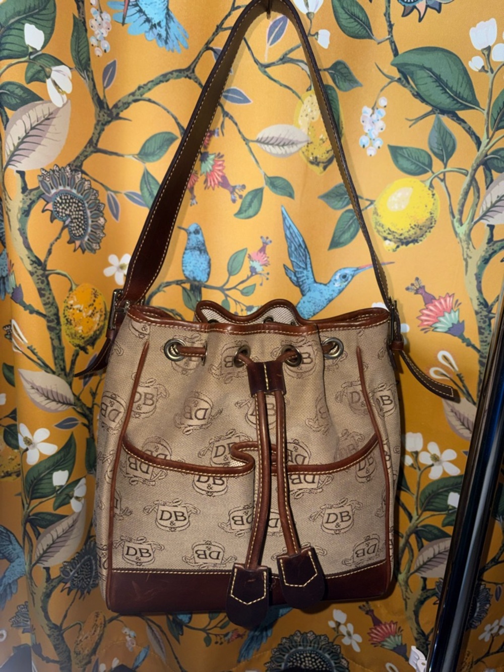 Dooney & Bourke Beige Canvas and Brown Leather Drawstring Shoulder Bag